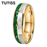 Dome Double Groove Inlaid With Green Crystal Stone Mother Of Pearl Shell Tungsten Rings