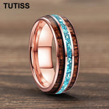 Inlaid Hawaiian Koa Wood Sky Blue Crystal Stone 6/8mm Tungsten Carbide Rings