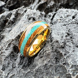 Amazing Whiskey Barrel Oak Wood Crushed Turquoise Inlay Tungsten Carbide Rings