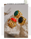 18K Gold Plated Red Black Green Stone Stainless Steel Open Adjustable Popular Fashion Ring