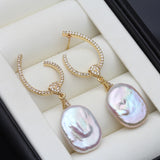 Natural White Purple Baroque Pearl AAA Zircon Diamonds Silver Long Earrings