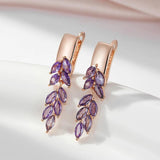 Luxury 14K Rolled Rose Gold Purple AAA Zircon Crystals Leaf-Shaped Dangle Earrings For Women - Fashion Jewellery