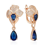 14 Karat Gold Filled Luxury Blue AAA Zircon Diamonds Vintage Flower Long Dangle Earrings