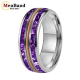 Purple Crystal Stone and Guitar String Inlay 8mm Tungsten Carbide Rings Men Women