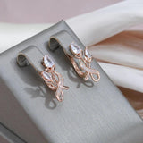 Delightful Rose Flower 14K Rolled Rose Gold AAA Zircon Diamonds Drop Luxury Earrings - Bridal Fine Jewellery