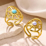 New In Classic Gold Colour Vintage Cute Sun Stainless Steel Natural Stone Hollow Rings For Women - The Jewellery Supermarket