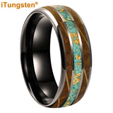 Whiskey Wood And Turquoise Gold Foil Inlay Unisex Tungsten Carbide Unisex Rings