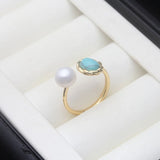 Charming Real Multicolour Pearls with Turquioise Stone Silver 18KGP Ring