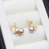Feather Branch Real Multicolour Pearls AAA Zircon Diamonds Silver Stud Earrings