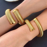 Trendy Wide Chunky Women Stainless Steel Cuff Bangles, Attractive Spiral Texture PVD Gold Plated Daily Wear Bracelet - The Jewellery Supermarket