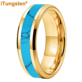 Blocky Turquoise Inlay Polished Bevel Edges Tungsten Carbide Rings for Men Women