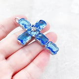 Brand New Fine Cross With Large Quality Aquamarine-Coloured Crystals - 925 Sterling Silver Pendant Gift For Ladies - The Jewellery Supermarket