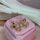 Cute Kitten 14K Rolled Gold AAA Zircon Diamonds Earrings Daily Fine Jewellery