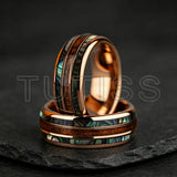 Whiskey Barrel Abalone Shell Inlaid With Rose Gold Polished Edge Tungsten Wedding