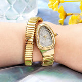 Fashion Ice Diamond Shiny Luxury Snake Bracelet Watch For Women - Elegant Ladies Gold Quartz Wristwatch