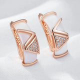 14 Karat Rolled Gold Hollow Geometric Curved White Ceramic AAA Zircon Diamonds Earrings