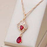 Luxury 14K Rolled Rose Gold Red Pomegranate Flower AAA Zircon Crsytals Necklace For Women - Retro Party Jewellery