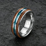 Inlaid Whiskey Barrel Wood and Blue-Green Opal 6/8MM Men Women Tungsten Rings