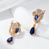 14 Karat Gold Filled Luxury Blue AAA Zircon Diamonds Vintage Flower Long Dangle Earrings