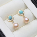 Elegant Cultured Multicolour Pearls AAA Zircon Diamonds Turquoise Stones Silver Earrings