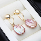 Genuine Cultured Baroque Pink Purple Hues Pearl Drop Gold Plated Earrings