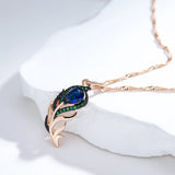 14K Rolled Gold Leaf Design Blue Black AAA Zircon Crystals Vintage Pendant Necklace