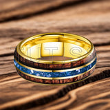 Blue Crystal Stone Inlaid Hawaiian Koa Wood 6/8mm Tungsten Carbide Rings