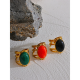 18K Gold Plated Red Black Green Stone Stainless Steel Open Adjustable Popular Fashion Ring