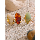 18K Gold Plated New Design Brown Green Beige Resin Geometric Stainless Steel Ring