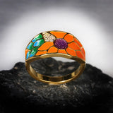 Exquisite Handmade Enamel 18KGP Sunflower Orange Zircon 925 Silver Ring