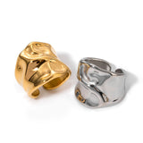 18K Gold Plated Irregular Hammered Texture Wide Opening Stainless Steel Ring Charm Jewellery