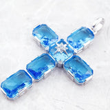 Brand New Fine Cross With Large Quality Aquamarine-Coloured Crystals - 925 Sterling Silver Pendant Gift For Ladies