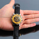 New Luxury Fashion Stainless Steel Skeleton Mechanical Business Watch With Black Leather Strap - The Jewellery Supermarket