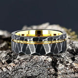 Black Geometric Hammered Offset Groove 8mm Tungsten Rings for Men Comfort Fit