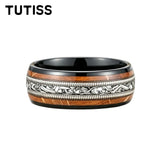 Whiskey Barrel Wood, Meteorite & Guitar String Inlay 8mm Tungsten Carbide Rings
