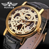 Famous Brand Transparent Luxury Gold Case Casual Design Brown Leather Strap Mechanical Skeleton Watches