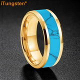 Blocky Turquoise Inlay Polished Bevel Edges Tungsten Carbide Rings for Men Women