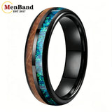 Inlaid Whiskey Barrel Wood and Blue-Green Opal 6/8MM Men Women Tungsten Rings