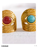 18K Gold Plated Vintage Red Blue Natural Stone Stainless Steel Open Fashion Ring
