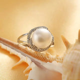 925 Sterling Silver Big White/pink/purple Real Pearl AAA Zircon Diamonds Rings