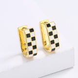 High Quality Checkerboard Handmade Enamel Black and White Plaid Stud Earrings
