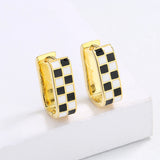 High Quality Checkerboard Handmade Enamel Black and White Plaid Stud Earrings