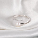 Elegant Natural Pearl AAA Zircon Diamonds Inlaid Minimalist Open 925 Ring