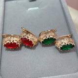 14 Karat Rolled Gold Red Green Horse Eye AAA Zircon Crystal Vintage Earrings For Women