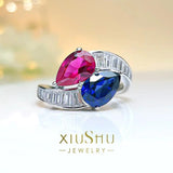 Charming Double Stone Colour Contrast Water Drop Lab Created Ruby Sapphire Versatile Personality Big Rings - The Jewellery Supermarket