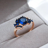 Hot Luxury Blue AAA Zircon Crystals Rolled 14K Rose Gold and Black Ring For Women Vintage Daily Fine Jewellery