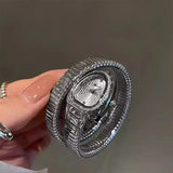 Snake Wrap Oval Rhinestone Bezel Red White Dial Metal Snake Chain Quartz Watch