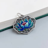 Fashion 925 Silver Hadmade Enamel Blue Lotus Flower Heart Sutra Necklace