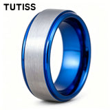 Matte Silver Brushed Center Shiny Blue Beveled Edges Two Tone 6/8mm Tungsten Rings