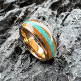 Amazing Whiskey Barrel Oak Wood Crushed Turquoise Inlay Tungsten Carbide Rings